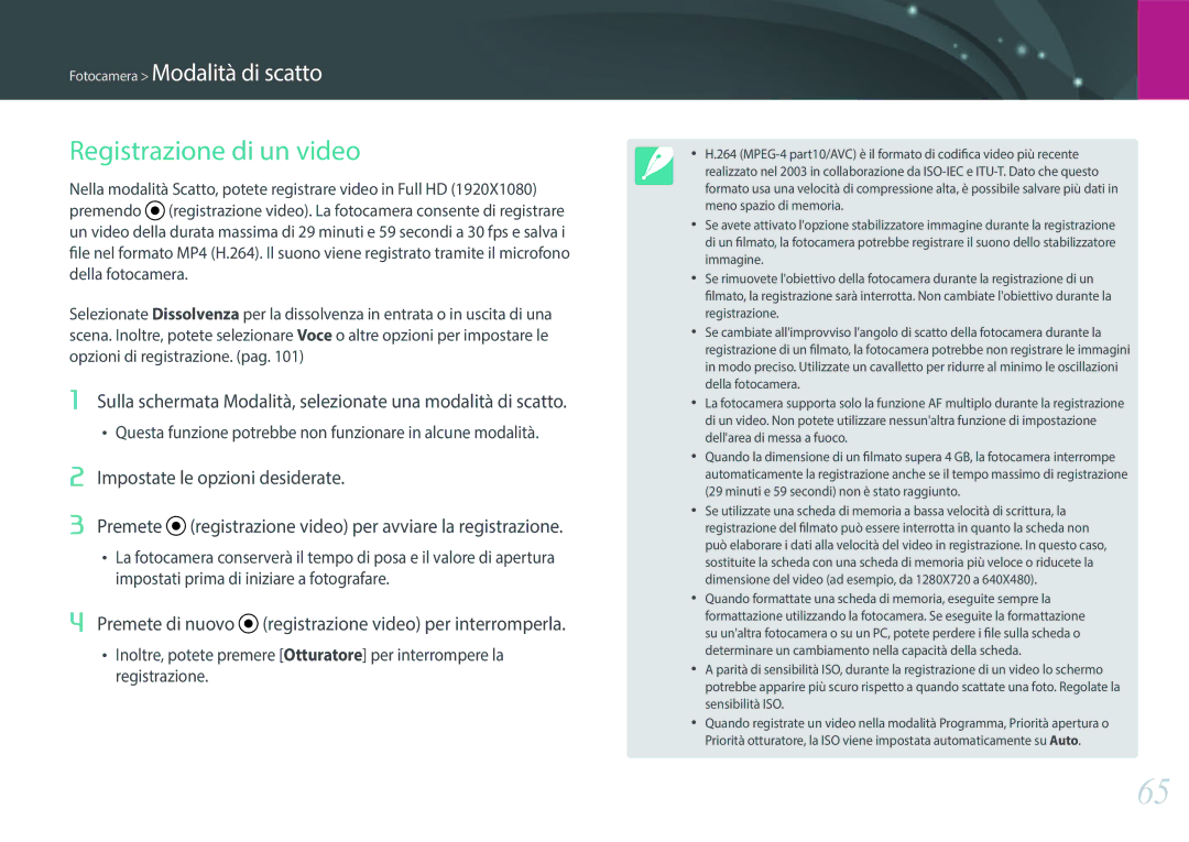 Samsung EV-NXF1ZZB2HIT manual Registrazione di un video, Premete di nuovo registrazione video per interromperla 