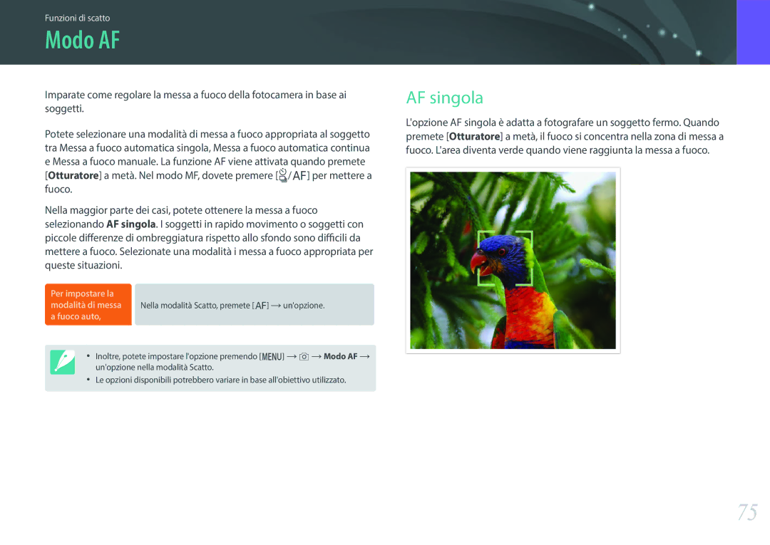 Samsung EV-NXF1ZZB2HIT manual Modo AF, AF singola 