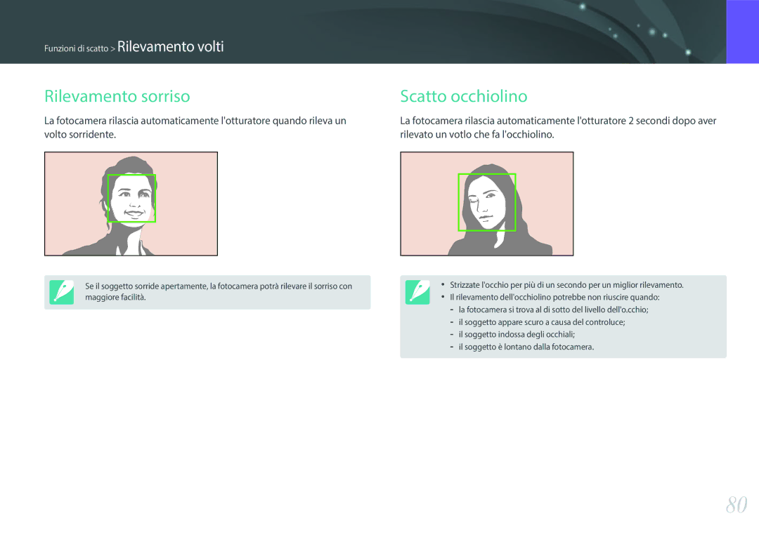 Samsung EV-NXF1ZZB2HIT manual Rilevamento sorriso, Scatto occhiolino 