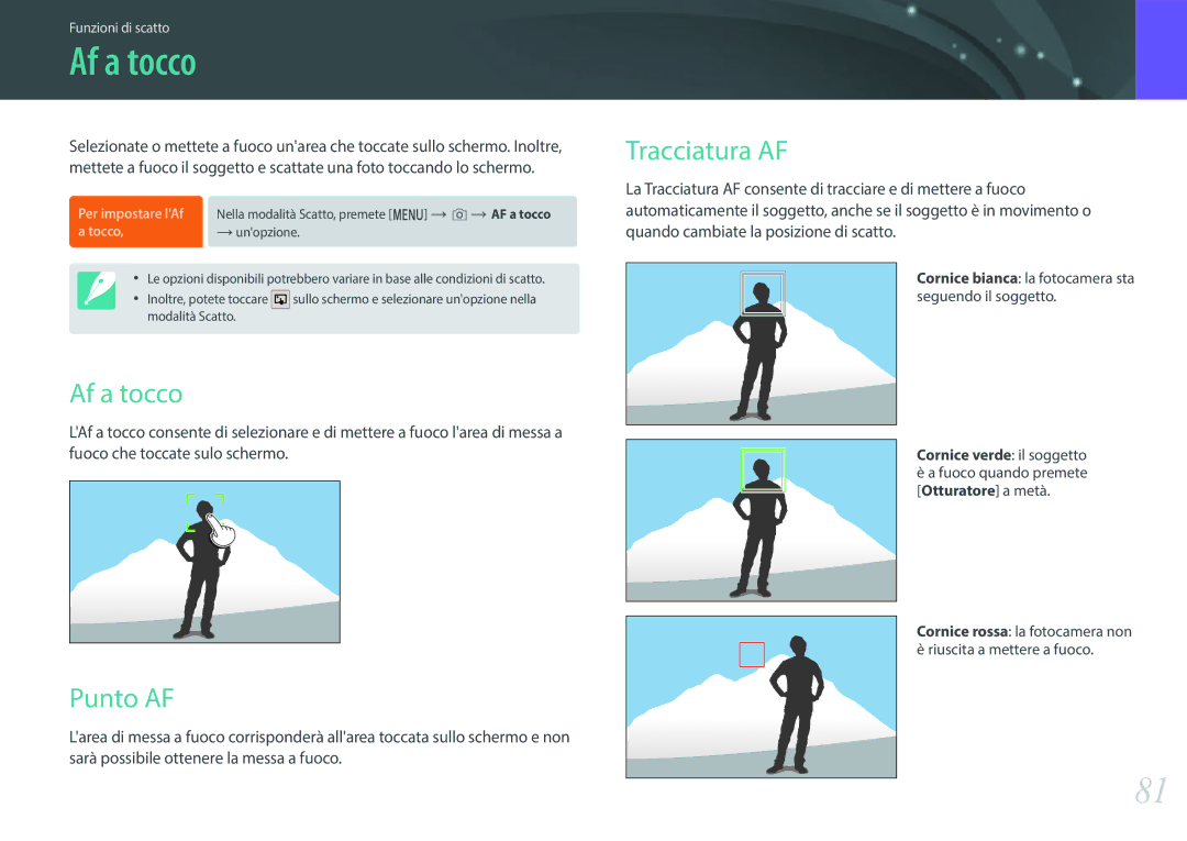 Samsung EV-NXF1ZZB2HIT manual Af a tocco, Punto AF, Tracciatura AF, Cornice bianca la fotocamera sta seguendo il soggetto 