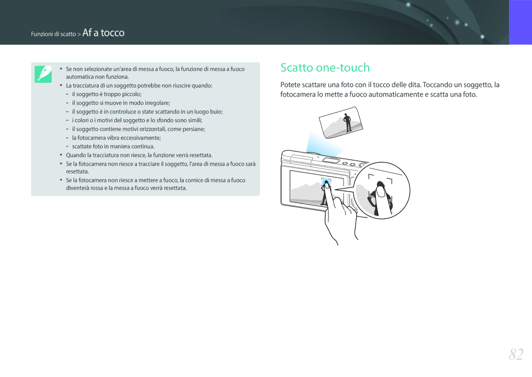 Samsung EV-NXF1ZZB2HIT manual Scatto one-touch, Funzioni di scatto Af a tocco 