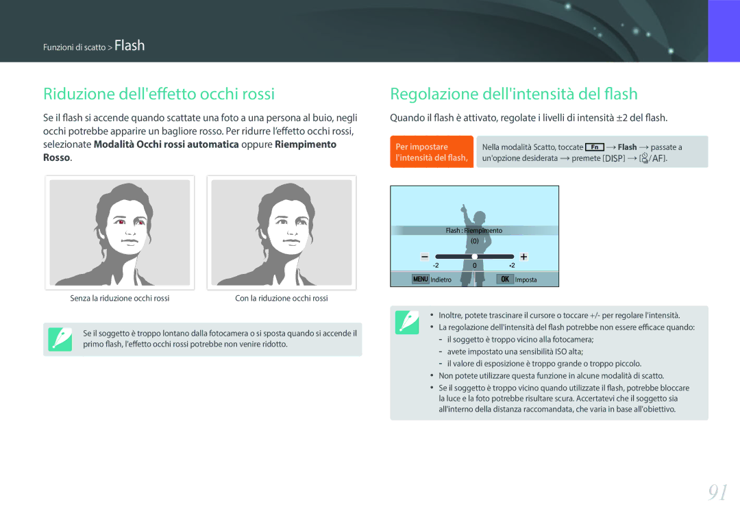 Samsung EV-NXF1ZZB2HIT manual Riduzione delleffetto occhi rossi, Regolazione dellintensità del flash 