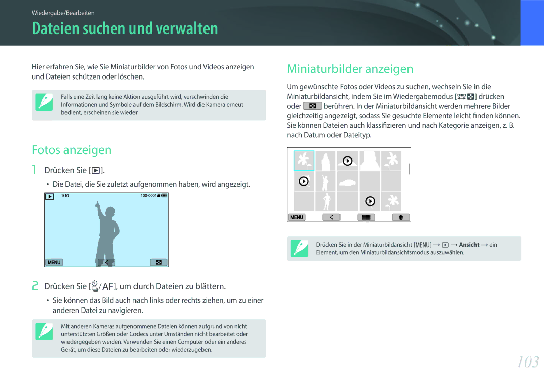 Samsung EV-NXF1ZZB2HFR, EV-NXF1ZZB2JDE, EV-NXF1ZZB1HDE manual 103, Fotos anzeigen, Miniaturbilder anzeigen, Drücken Sie y 