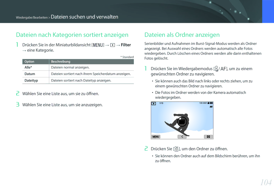 Samsung EV-NXF1ZZB2JDE, EV-NXF1ZZB1HDE manual 104, Dateien nach Kategorien sortiert anzeigen, Dateien als Ordner anzeigen 