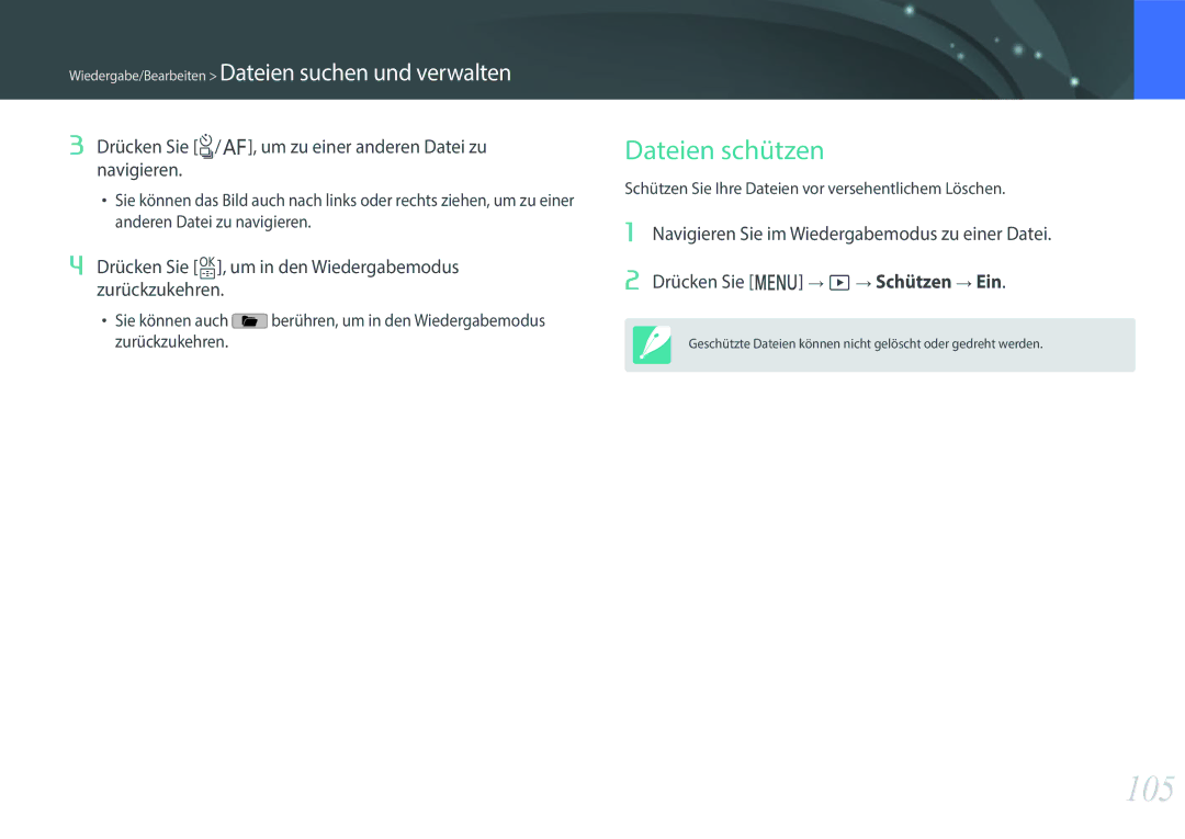 Samsung EV-NXF1ZZB1HDE, EV-NXF1ZZB2JDE 105, Dateien schützen, Drücken Sie C/F, um zu einer anderen Datei zu navigieren 