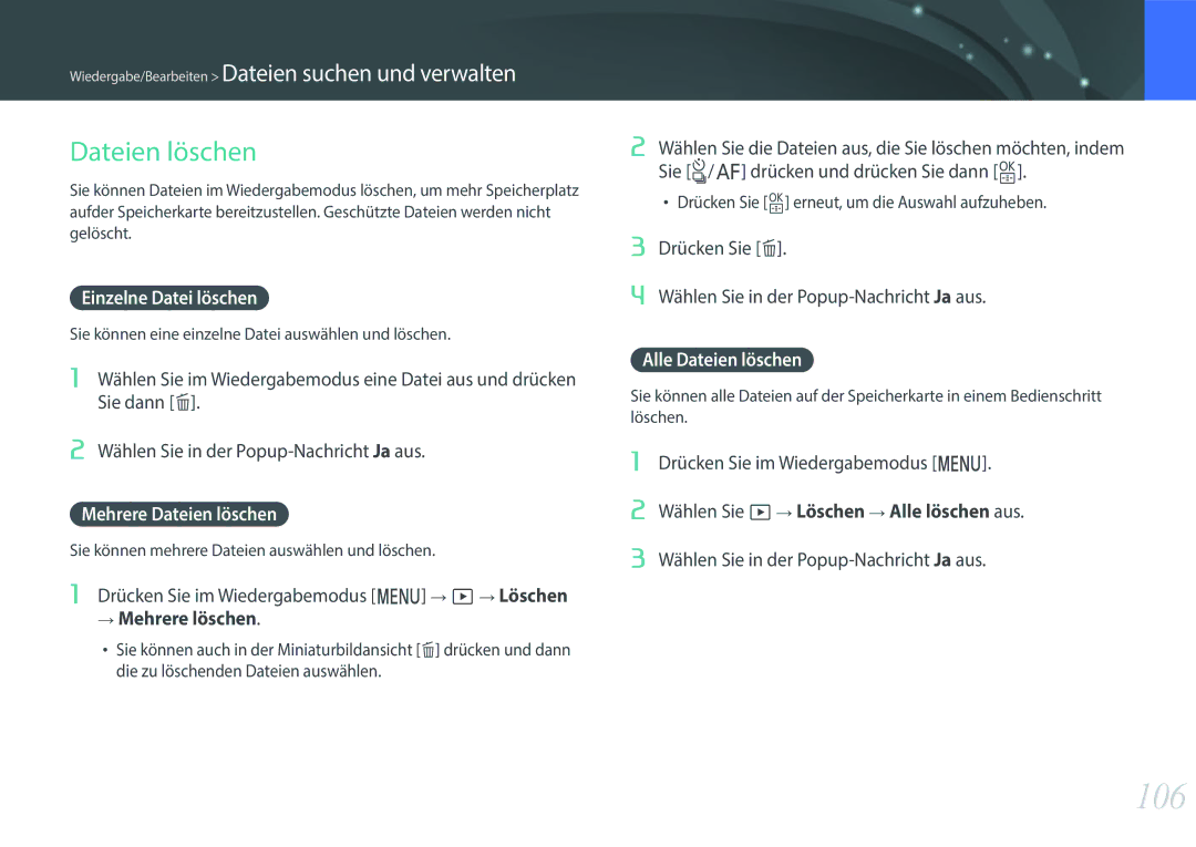 Samsung EV-NXF1ZZB3JDE, EV-NXF1ZZB2JDE manual 106, Einzelne Datei löschen, Mehrere Dateien löschen, Alle Dateien löschen 