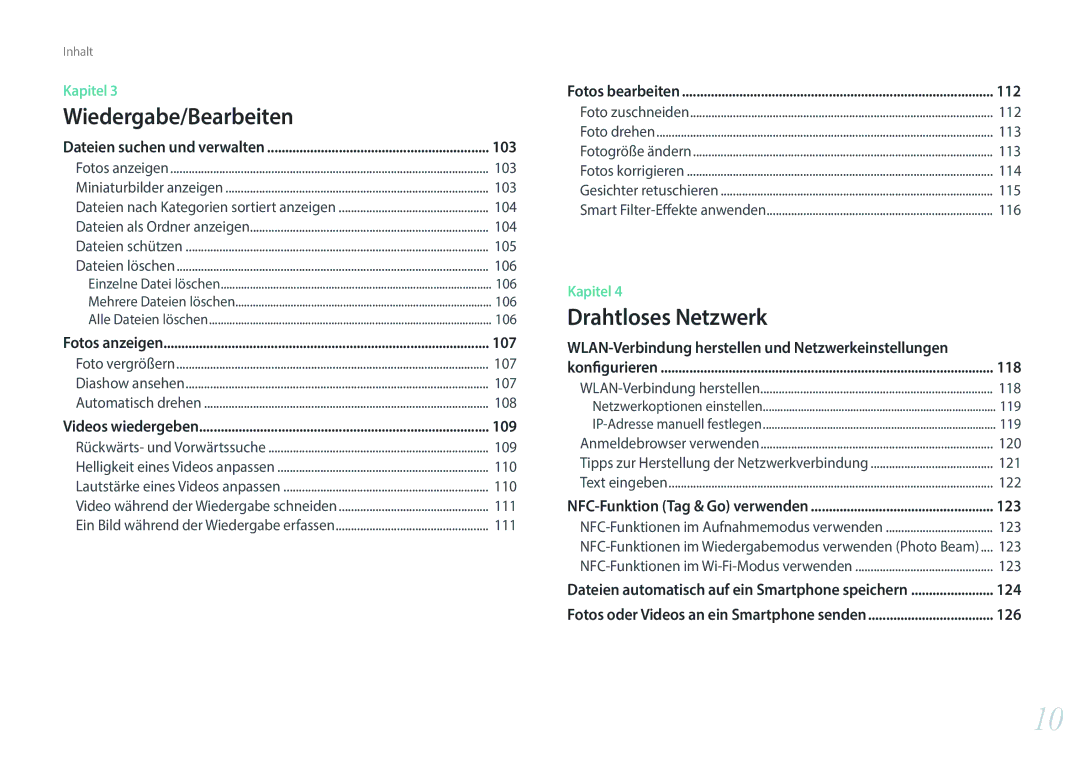 Samsung EV-NXF1ZZB2KDE manual 103, 107, 109, 112, WLAN-Verbindung herstellen und Netzwerkeinstellungen, 118, 123, 124, 126 