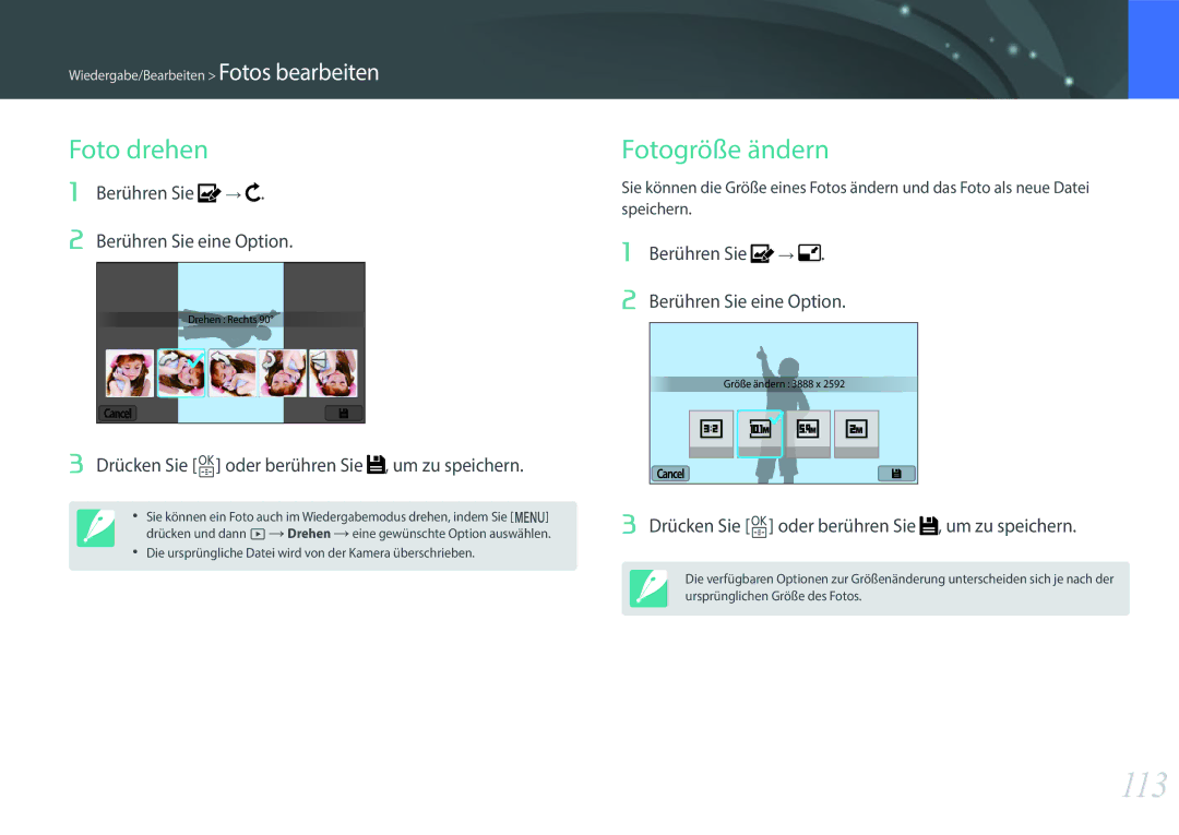 Samsung EV-NXF1ZZB2HDE, EV-NXF1ZZB2JDE manual 113, Foto drehen, Fotogröße ändern, Berühren Sie Berühren Sie eine Option 