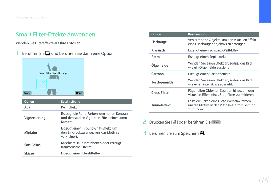 Samsung EV-NXF1ZZB2HCH, EV-NXF1ZZB2JDE 116, Smart Filter-Effekte anwenden, Berühren Sie und berühren Sie dann eine Option 