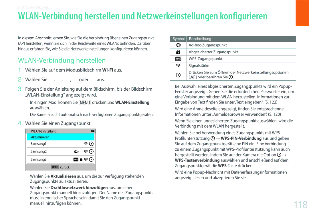 Samsung EV-NXF1ZZB1IDE, EV-NXF1ZZB2JDE, EV-NXF1ZZB1HDE manual 118, WLAN-Verbindung herstellen, Wählen Sie einen Zugangspunkt 