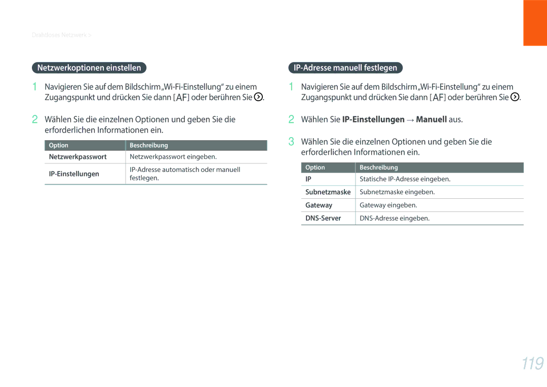 Samsung EV-NXF1ZZBZQTR, EV-NXF1ZZB2JDE, EV-NXF1ZZB1HDE manual 119, Netzwerkoptionen einstellen, IP-Adresse manuell festlegen 