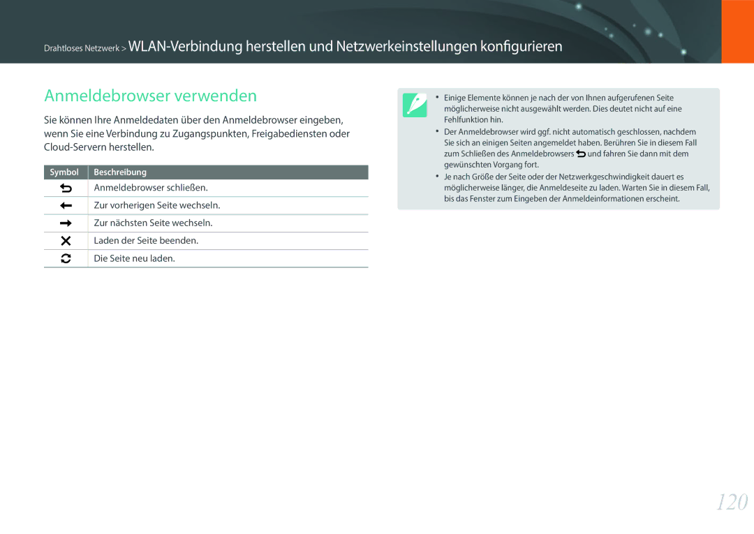 Samsung EV-NXF1ZZBZITR, EV-NXF1ZZB2JDE, EV-NXF1ZZB1HDE, EV-NXF1ZZB3JDE, EV-NXF1ZZB4HDE manual 120, Anmeldebrowser verwenden 