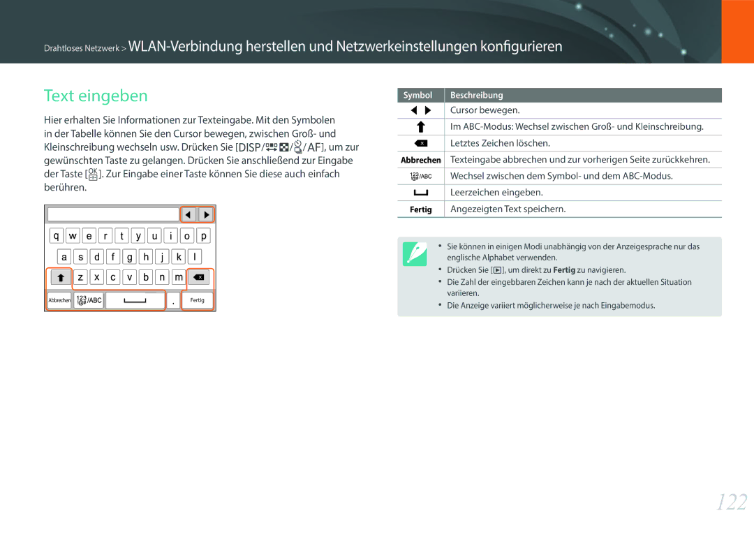 Samsung EV-NXF1ZZB3HDE, EV-NXF1ZZB2JDE, EV-NXF1ZZB1HDE, EV-NXF1ZZB3JDE, EV-NXF1ZZB4HDE, EV-NXF1ZZBZKTR manual 122, Text eingeben 