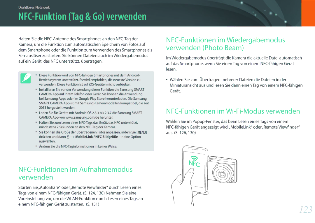 Samsung EV-NXF1ZZB2HHU, EV-NXF1ZZB2JDE, EV-NXF1ZZB1HDE, EV-NXF1ZZB3JDE manual 123, NFC-Funktionen im Aufnahmemodus verwenden 