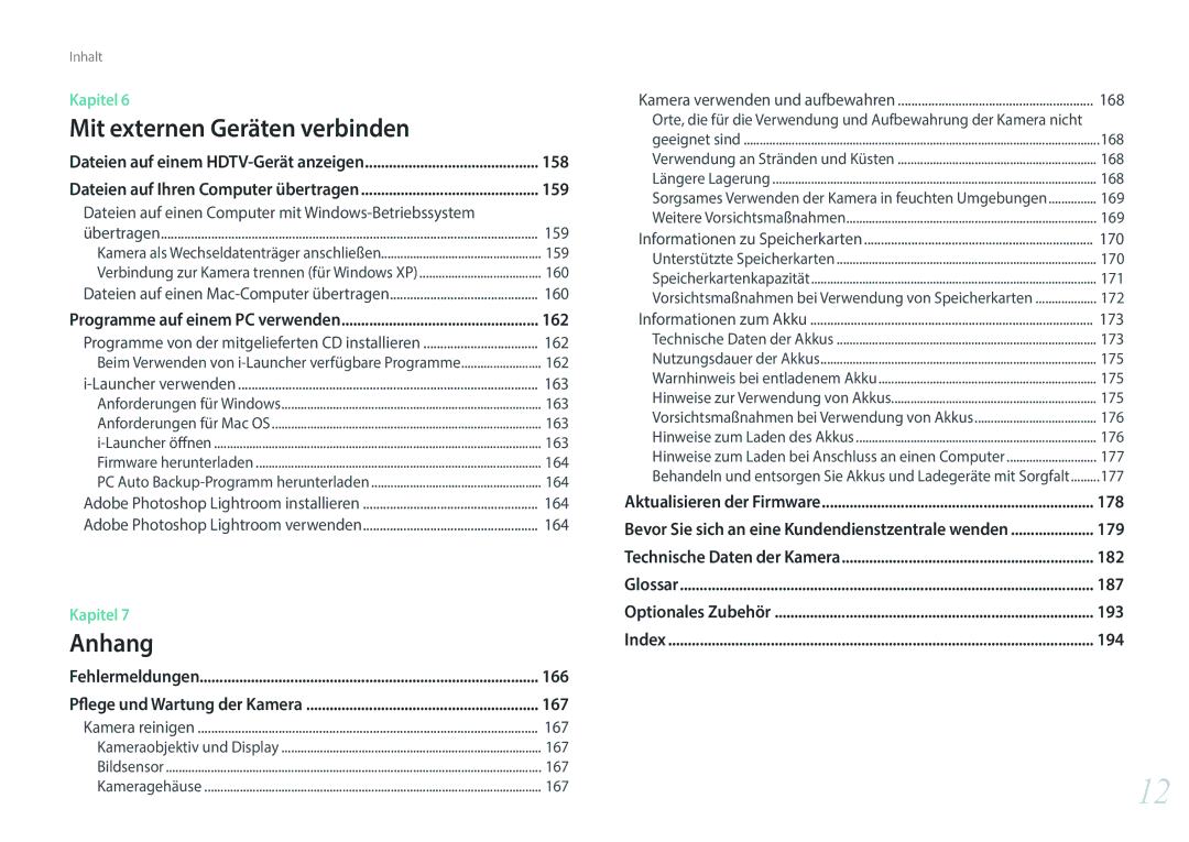 Samsung EV-NXF1ZZB1JDE, EV-NXF1ZZB2JDE, EV-NXF1ZZB1HDE, EV-NXF1ZZB3JDE manual 158, 159, 162, 178, 179, 182, 187, 193, 194 