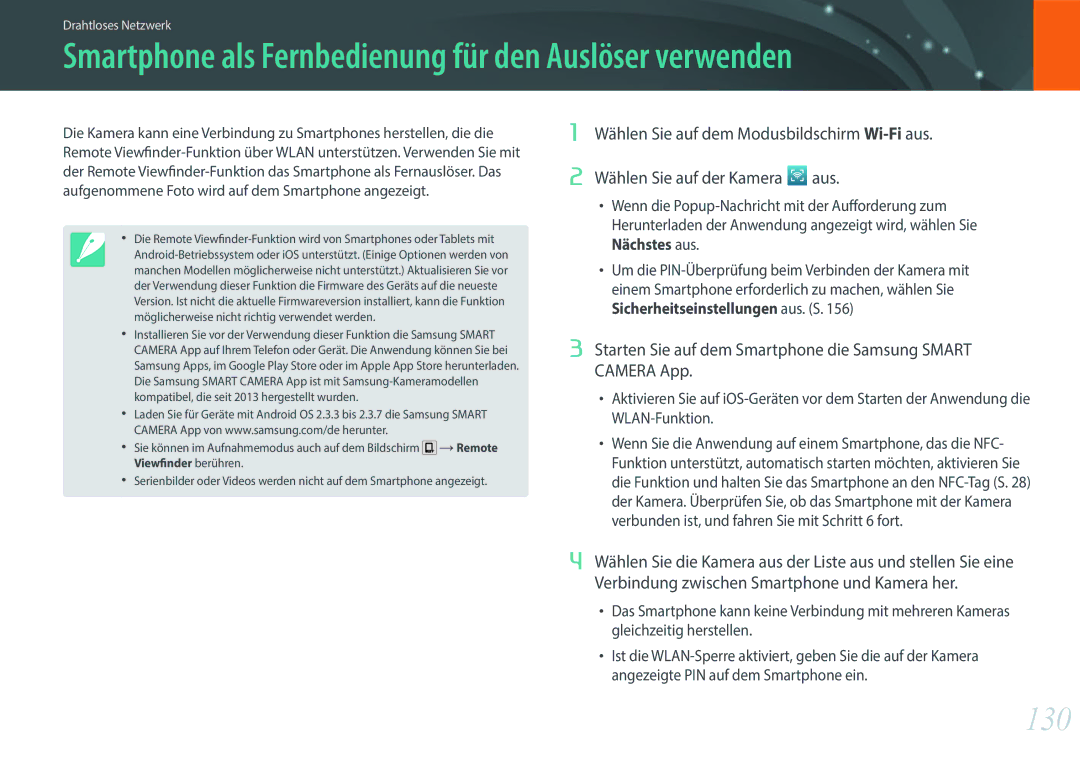 Samsung EV-NXF1ZZB2QDE, EV-NXF1ZZB2JDE, EV-NXF1ZZB1HDE manual Smartphone als Fernbedienung für den Auslöser verwenden, 130 