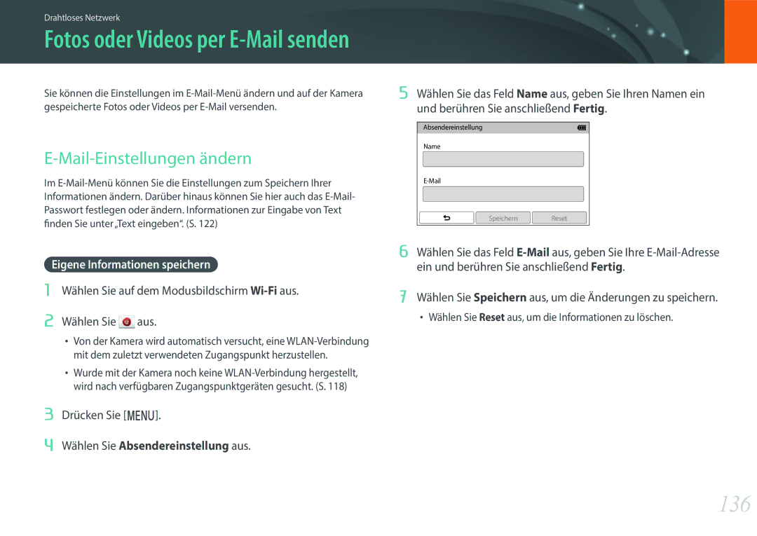 Samsung EV-NXF1ZZB2KDE, EV-NXF1ZZB2JDE, EV-NXF1ZZB1HDE manual 136, Mail-Einstellungen ändern, Eigene Informationen speichern 