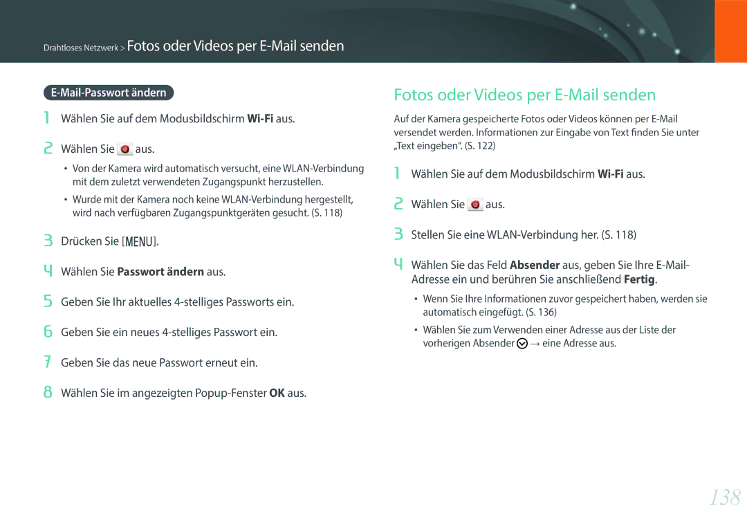 Samsung EV-NXF1ZZB1JDE, EV-NXF1ZZB2JDE, EV-NXF1ZZB1HDE manual 138, Fotos oder Videos per E-Mail senden, Mail-Passwort ändern 