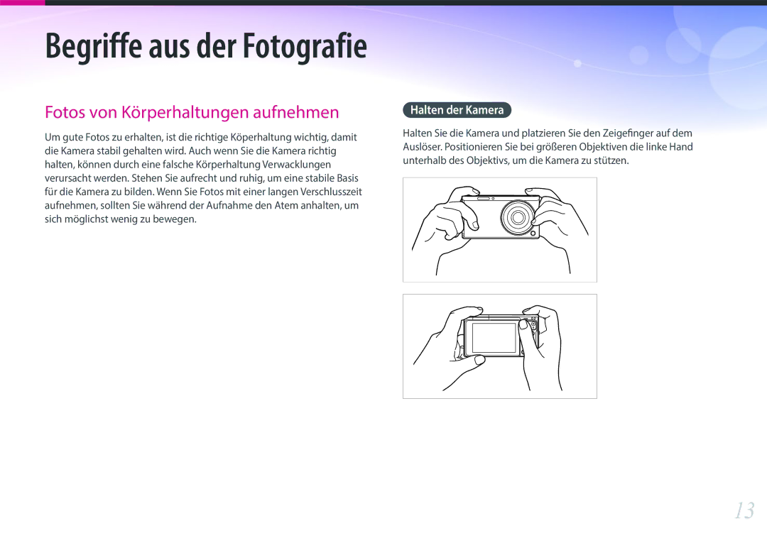 Samsung EV-NXF1ZZB1IDE, EV-NXF1ZZB2JDE, EV-NXF1ZZB1HDE, EV-NXF1ZZB3JDE manual Begriffe aus der Fotografie, Halten der Kamera 