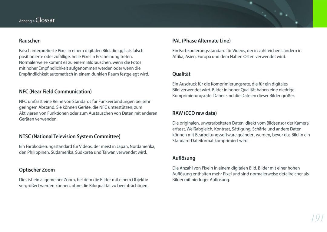 Samsung EV-NXF1ZZB4HDE, EV-NXF1ZZB2JDE, EV-NXF1ZZB1HDE, EV-NXF1ZZB3JDE, EV-NXF1ZZBZKTR, EV-NXF1ZZB2QDE manual 191, Rauschen 