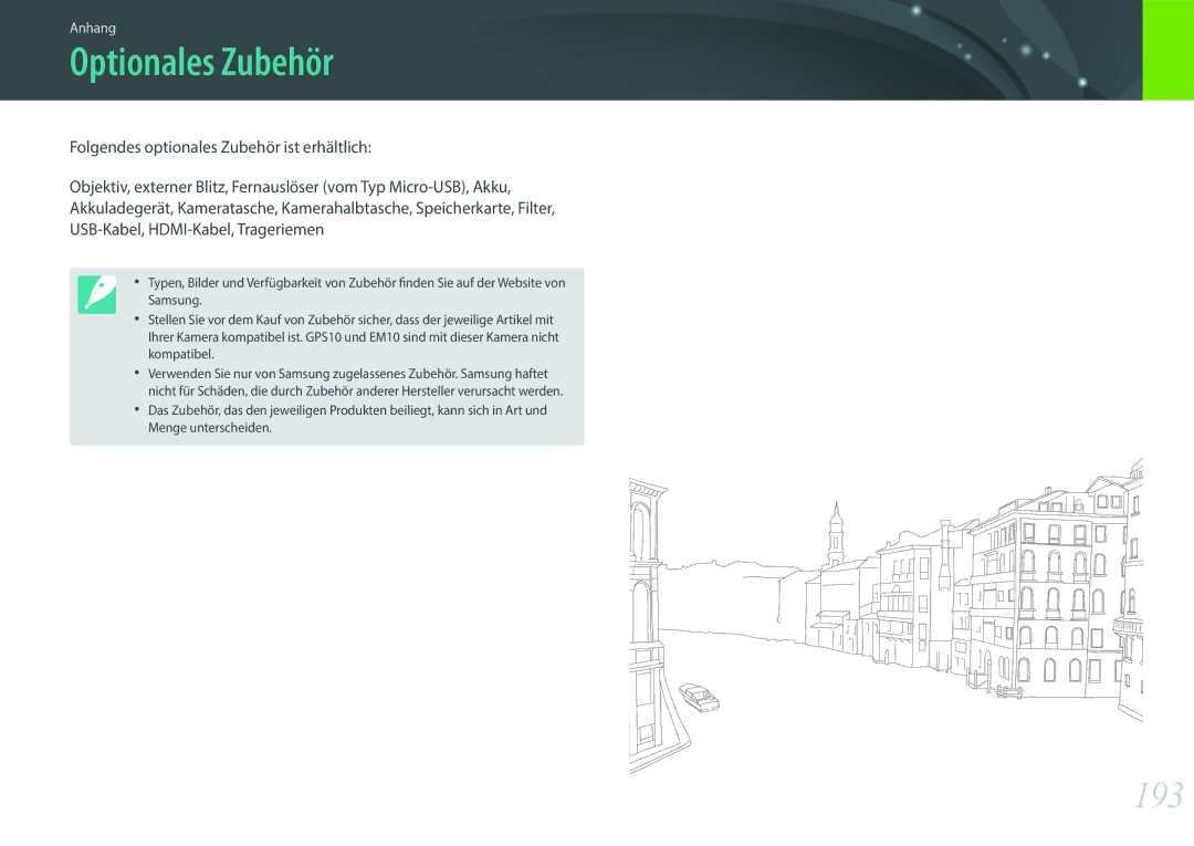 Samsung EV-NXF1ZZB2QDE, EV-NXF1ZZB2JDE, EV-NXF1ZZB1HDE, EV-NXF1ZZB3JDE, EV-NXF1ZZB4HDE, EV-NXF1ZZBZKTR Optionales Zubehör, 193 