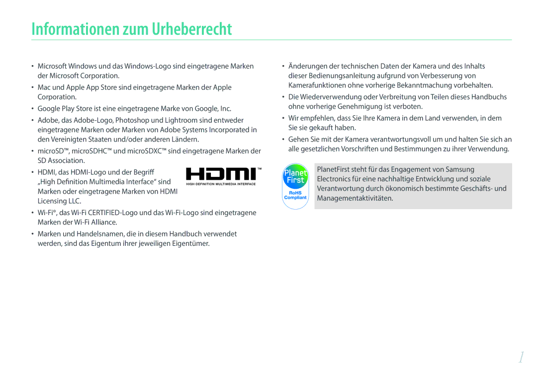 Samsung EV-NXF1ZZB3JDE, EV-NXF1ZZB2JDE, EV-NXF1ZZB1HDE, EV-NXF1ZZB4HDE, EV-NXF1ZZBZKTR manual Informationen zum Urheberrecht 