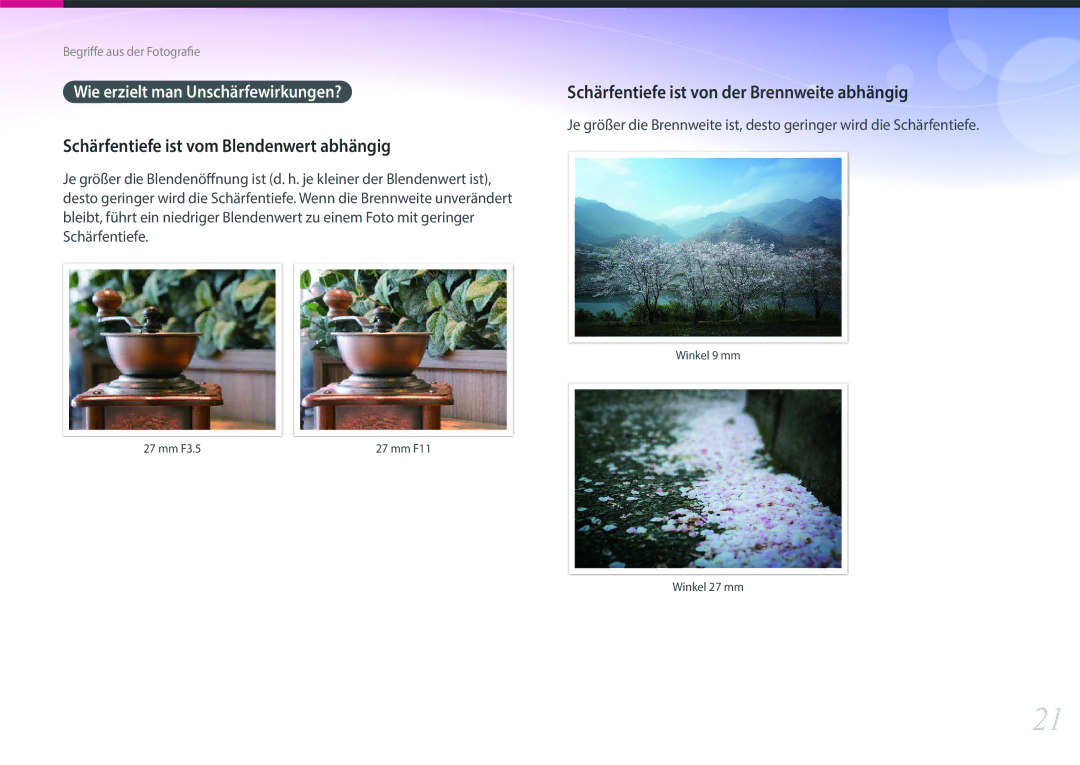 Samsung EV-NXF1ZZB1HDE, EV-NXF1ZZB2JDE, EV-NXF1ZZB3JDE, EV-NXF1ZZB4HDE manual Schärfentiefe ist vom Blendenwert abhängig 