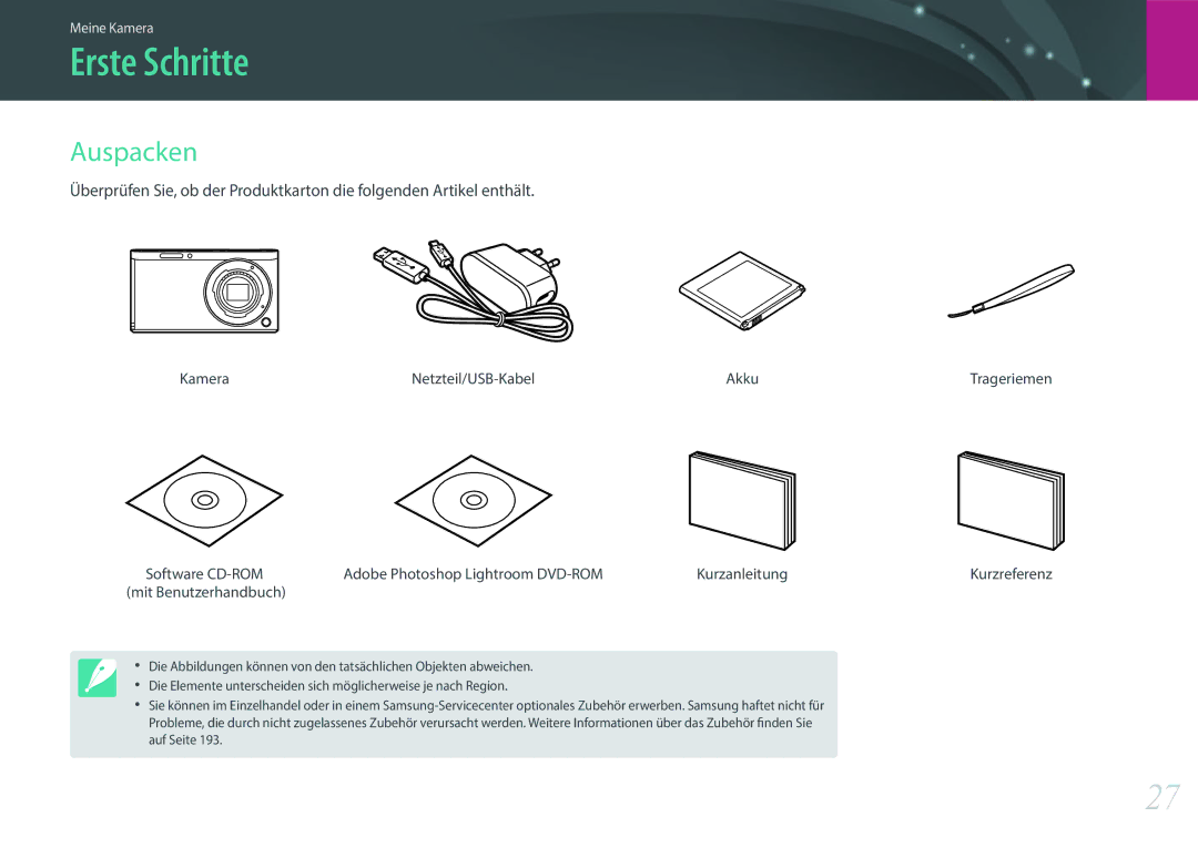 Samsung EV-NXF1ZZB1QDE manual Erste Schritte, Auspacken, Kamera Netzteil/USB-Kabel, Adobe Photoshop Lightroom DVD-ROM 