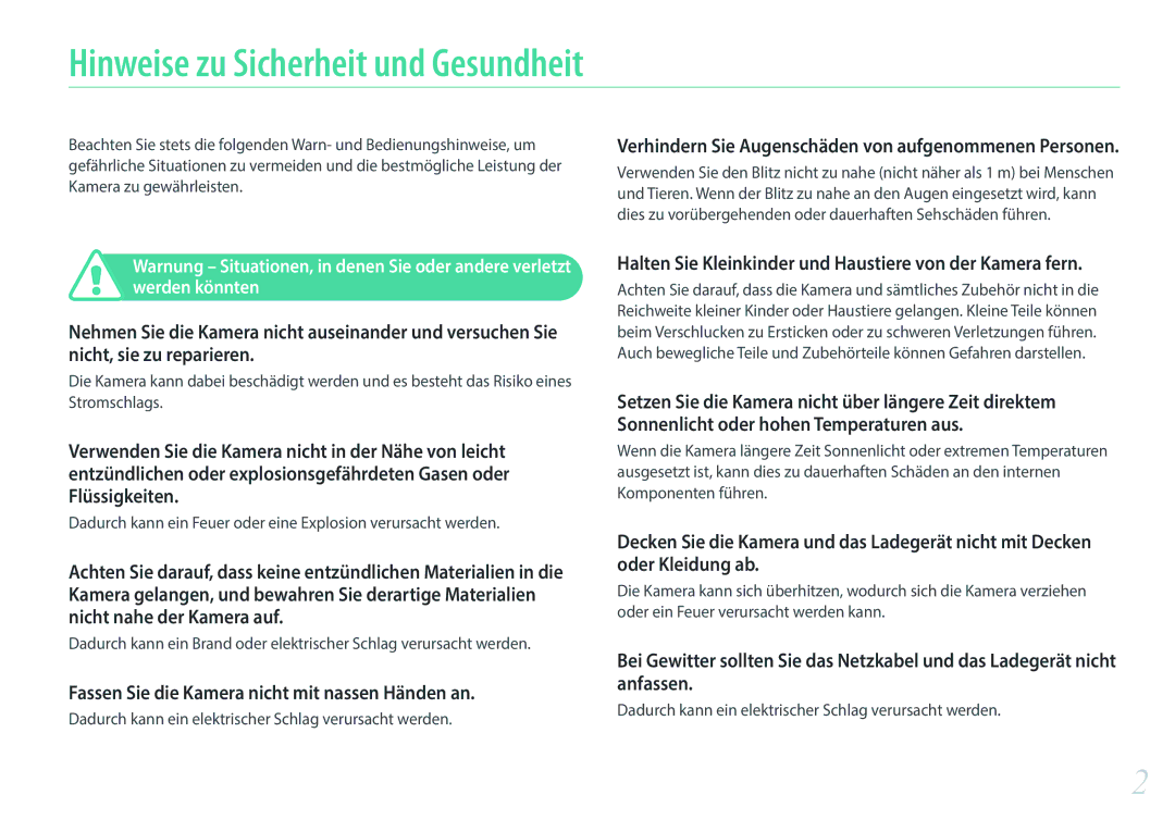 Samsung EV-NXF1ZZB4HDE manual Hinweise zu Sicherheit und Gesundheit, Verhindern Sie Augenschäden von aufgenommenen Personen 