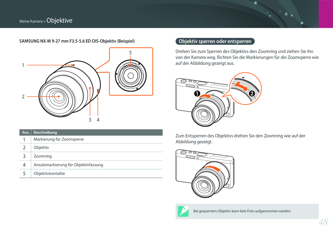 Samsung EV-NXF1ZZB1QDE manual Objektiv sperren oder entsperren, Samsung NX-M 9-27 mm F3.5-5.6 ED OIS-Objektiv Beispiel 