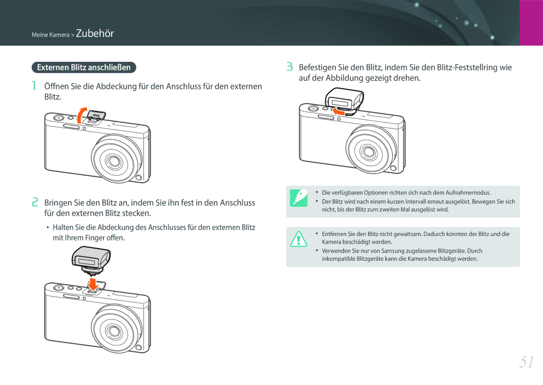 Samsung EV-NXF1ZZB4JDE, EV-NXF1ZZB2JDE, EV-NXF1ZZB1HDE, EV-NXF1ZZB3JDE, EV-NXF1ZZB4HDE manual Externen Blitz anschließen 