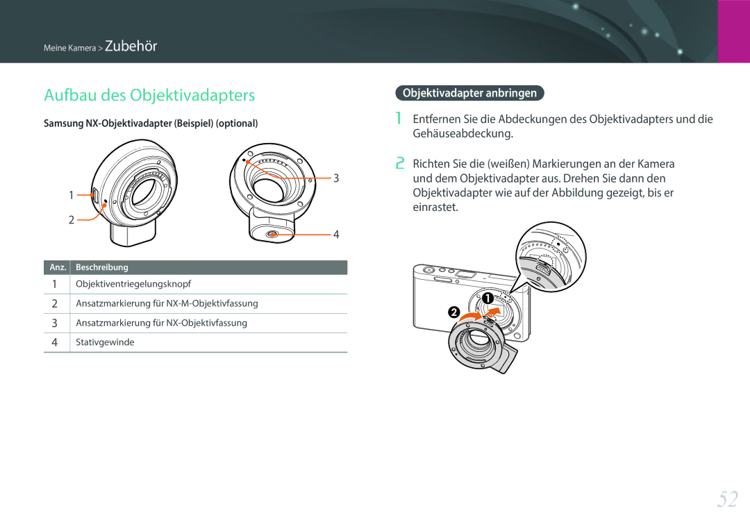 Samsung EV-NXF1ZZB2KDE, EV-NXF1ZZB2JDE, EV-NXF1ZZB1HDE manual Aufbau des Objektivadapters, Objektivadapter anbringen 