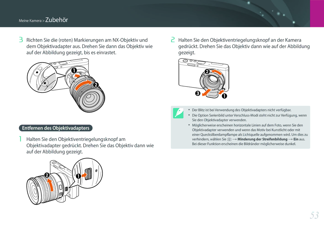 Samsung EV-NXF1ZZB2HCH, EV-NXF1ZZB2JDE, EV-NXF1ZZB1HDE, EV-NXF1ZZB3JDE, EV-NXF1ZZB4HDE manual Entfernen des Objektivadapters 