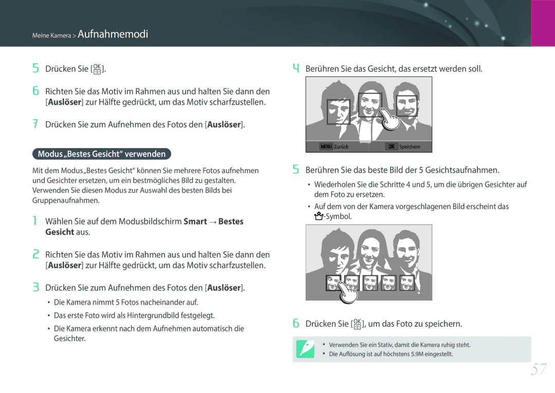 Samsung EV-NXF1ZZBZITR, EV-NXF1ZZB2JDE, EV-NXF1ZZB1HDE, EV-NXF1ZZB3JDE, EV-NXF1ZZB4HDE manual Modus„Bestes Gesicht verwenden 
