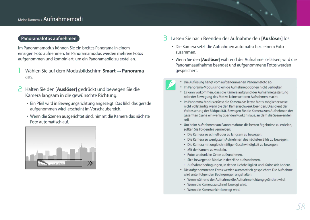 Samsung EV-NXF1ZZBZHTR, EV-NXF1ZZB2JDE manual Panoramafotos aufnehmen, Wählen Sie auf dem Modusbildschirm Smart Panorama aus 