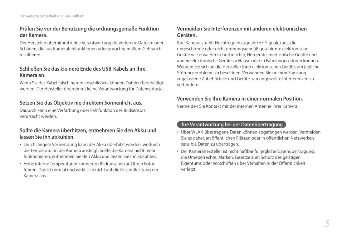 Samsung EV-NXF1ZZB2IDE Verwenden Sie Ihre Kamera in einer normalen Position, Ihre Verantwortung bei der Datenübertragung 