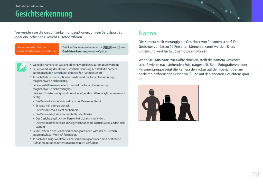 Samsung EV-NXF1ZZBZHTR, EV-NXF1ZZB2JDE, EV-NXF1ZZB1HDE, EV-NXF1ZZB3JDE, EV-NXF1ZZB4HDE manual Gesichtserkennung, Normal 