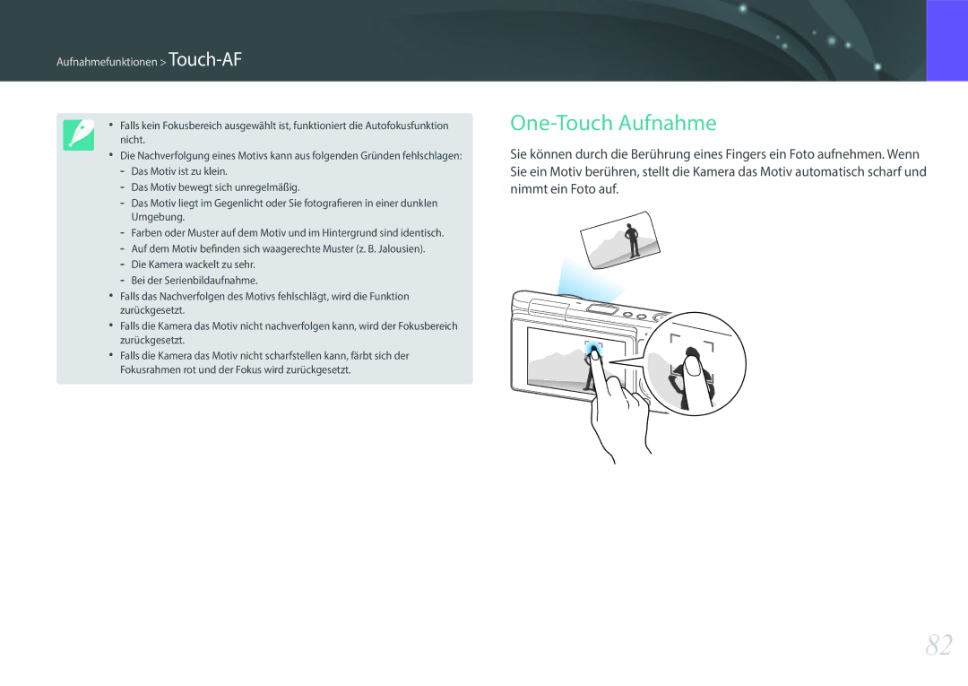 Samsung EV-NXF1ZZB2HFR, EV-NXF1ZZB2JDE, EV-NXF1ZZB1HDE, EV-NXF1ZZB3JDE manual One-Touch Aufnahme, Aufnahmefunktionen Touch-AF 