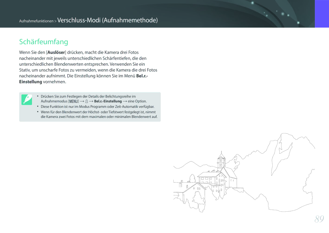 Samsung EV-NXF1ZZB2IDE, EV-NXF1ZZB2JDE, EV-NXF1ZZB1HDE, EV-NXF1ZZB3JDE, EV-NXF1ZZB4HDE, EV-NXF1ZZBZKTR manual Schärfeumfang 