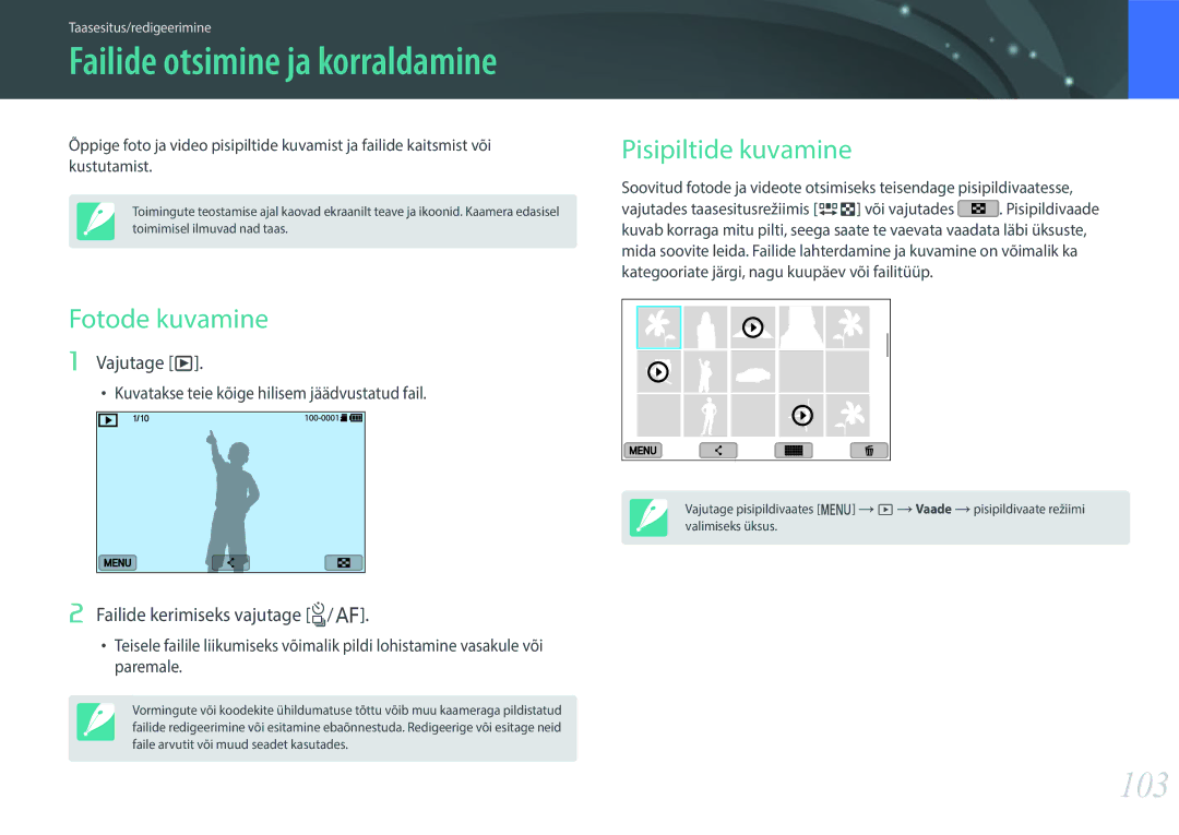 Samsung EV-NXF1ZZB2JLV manual 103, Fotode kuvamine, Pisipiltide kuvamine, Vajutage y, Failide kerimiseks vajutage C/F 