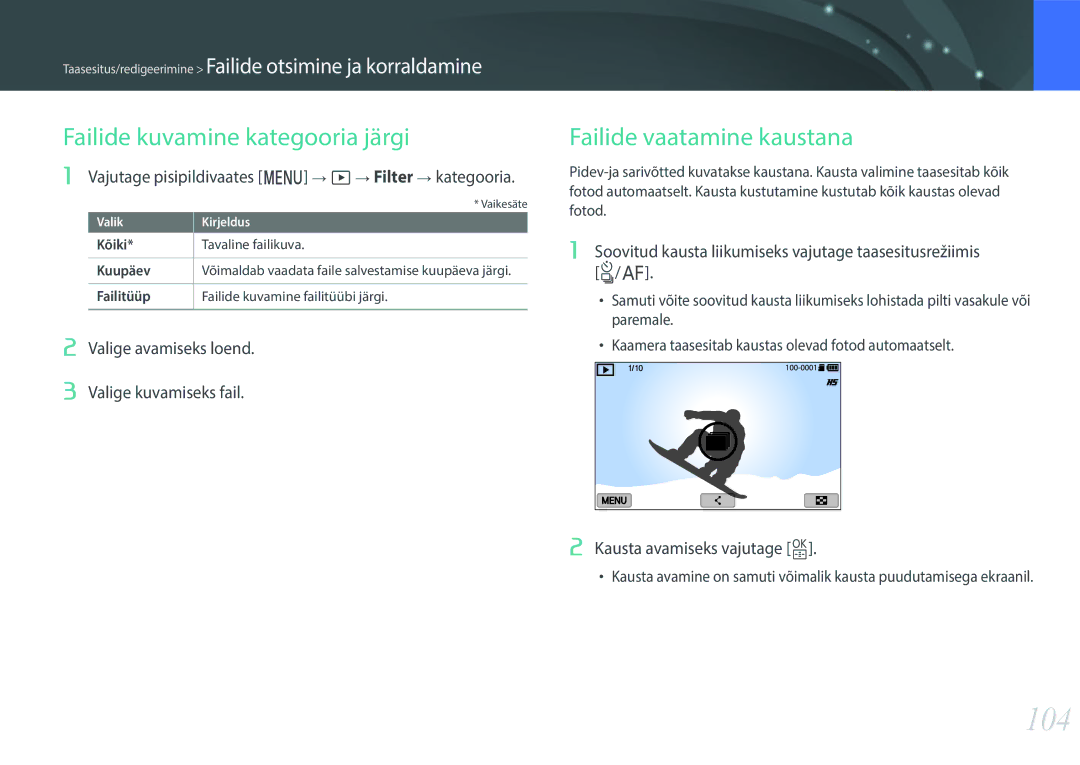 Samsung EV-NXF1ZZB2ILV, EV-NXF1ZZB2JLV, EV-NXF1ZZB2HLV 104, Failide kuvamine kategooria järgi, Failide vaatamine kaustana 