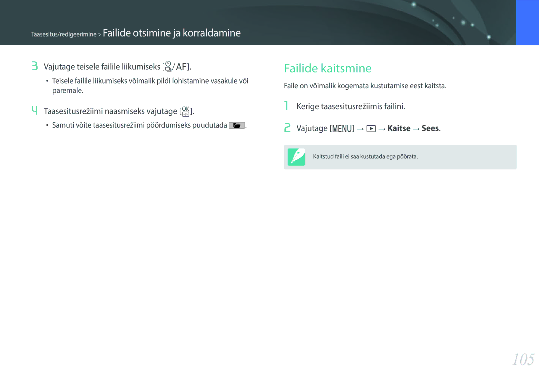 Samsung EV-NXF1ZZB2HLV, EV-NXF1ZZB2JLV, EV-NXF1ZZB2ILV 105, Failide kaitsmine, Vajutage teisele failile liikumiseks C/F 