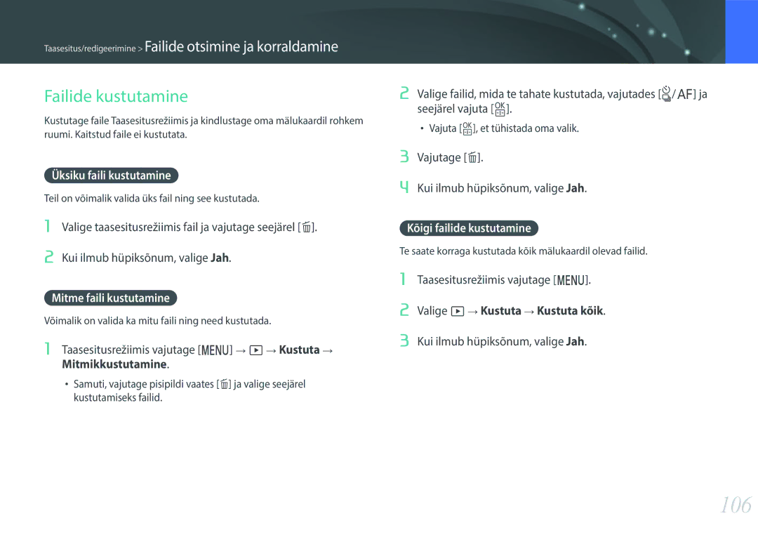 Samsung EV-NXF1ZZB1HLV, EV-NXF1ZZB2JLV manual 106, Failide kustutamine, Üksiku faili kustutamine, Mitme faili kustutamine 