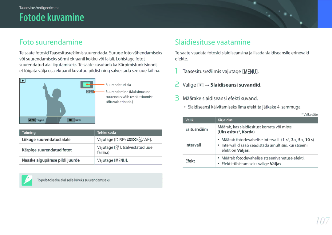 Samsung EV-NXF1ZZB2JLV, EV-NXF1ZZB2ILV, EV-NXF1ZZB2HLV Fotode kuvamine, 107, Foto suurendamine, Slaidiesituse vaatamine 