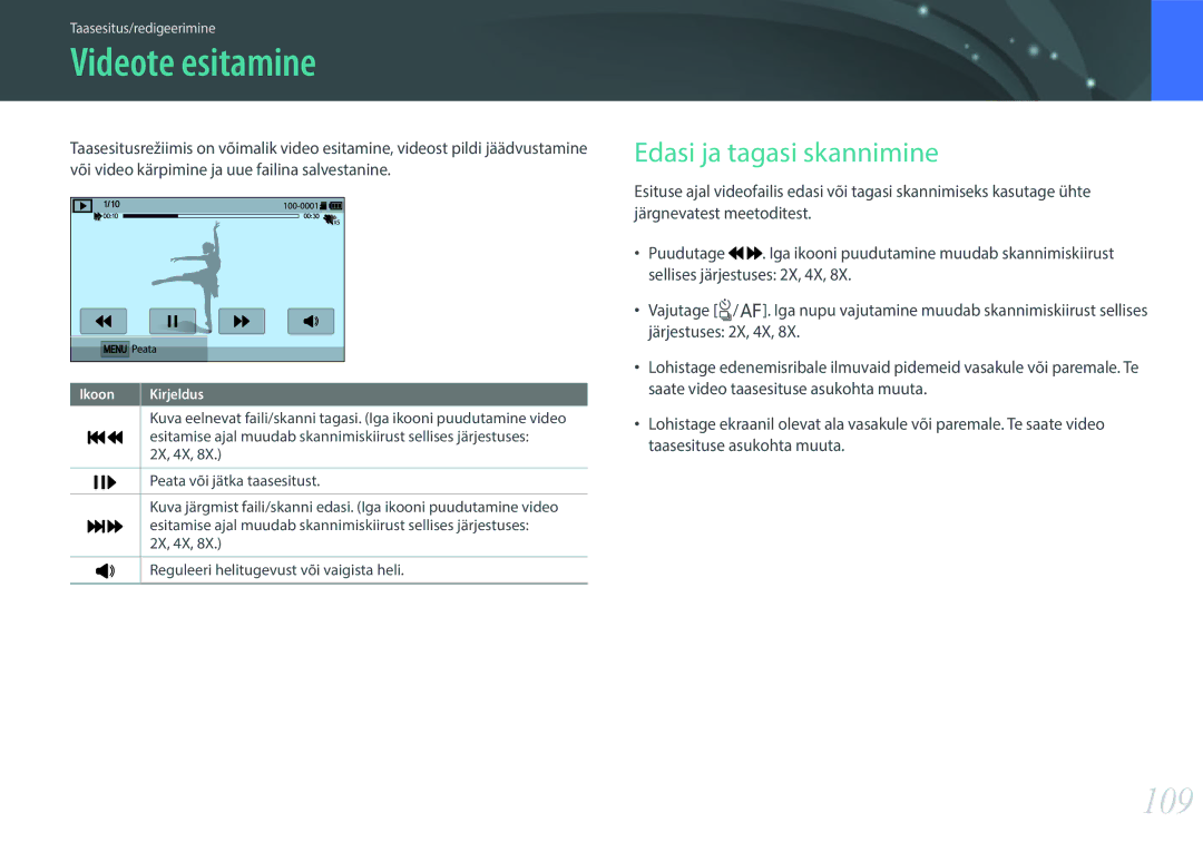 Samsung EV-NXF1ZZB2HLV, EV-NXF1ZZB2JLV, EV-NXF1ZZB2ILV manual Videote esitamine, 109, Edasi ja tagasi skannimine, 2X, 4X 