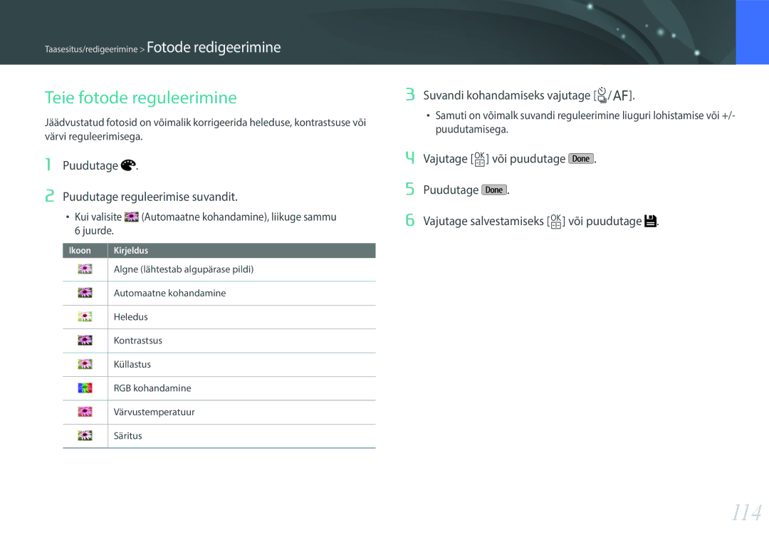 Samsung EV-NXF1ZZB1HLV, EV-NXF1ZZB2JLV, EV-NXF1ZZB2ILV, EV-NXF1ZZB2HLV manual 114, Puudutage Puudutage reguleerimise suvandit 