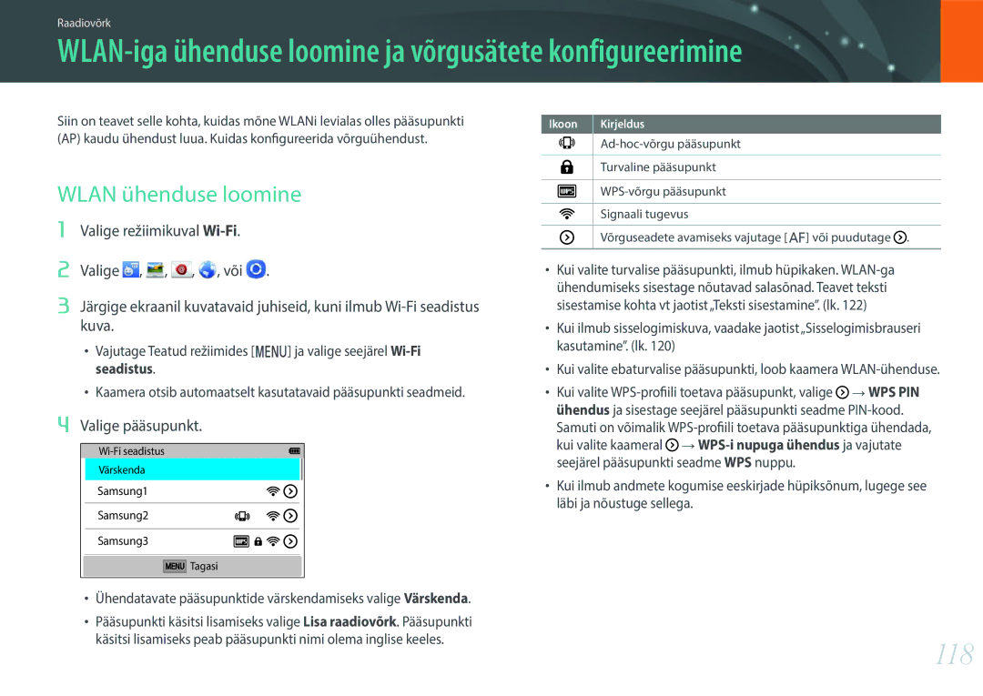 Samsung EV-NXF1ZZB1HLV, EV-NXF1ZZB2JLV, EV-NXF1ZZB2ILV, EV-NXF1ZZB2HLV manual 118, Wlan ühenduse loomine, Valige pääsupunkt 