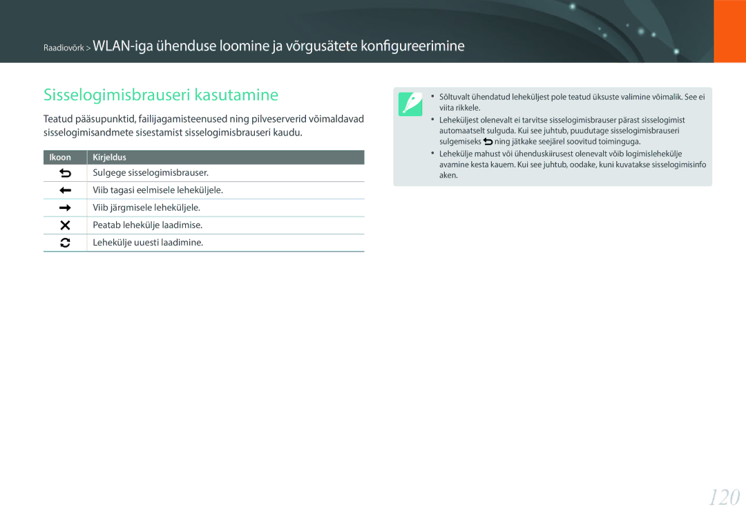 Samsung EV-NXF1ZZB2ILV, EV-NXF1ZZB2JLV, EV-NXF1ZZB2HLV, EV-NXF1ZZB1HLV manual 120, Sisselogimisbrauseri kasutamine 