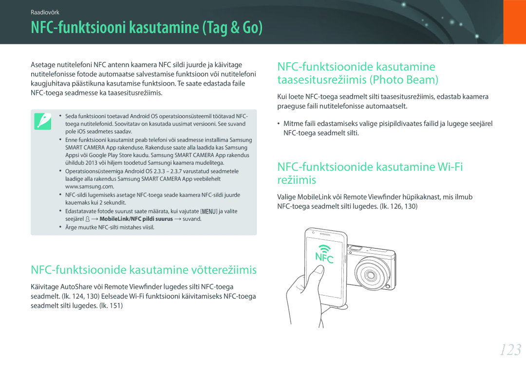 Samsung EV-NXF1ZZB2JLV manual 123, NFC-funktsioonide kasutamine võtterežiimis, NFC-funktsioonide kasutamine Wi-Fi režiimis 