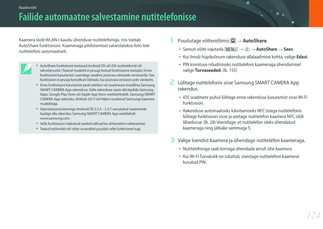 Samsung EV-NXF1ZZB2ILV manual Failide automaatne salvestamine nutitelefonisse, 124, Puudutage võtterežiimis AutoShare 